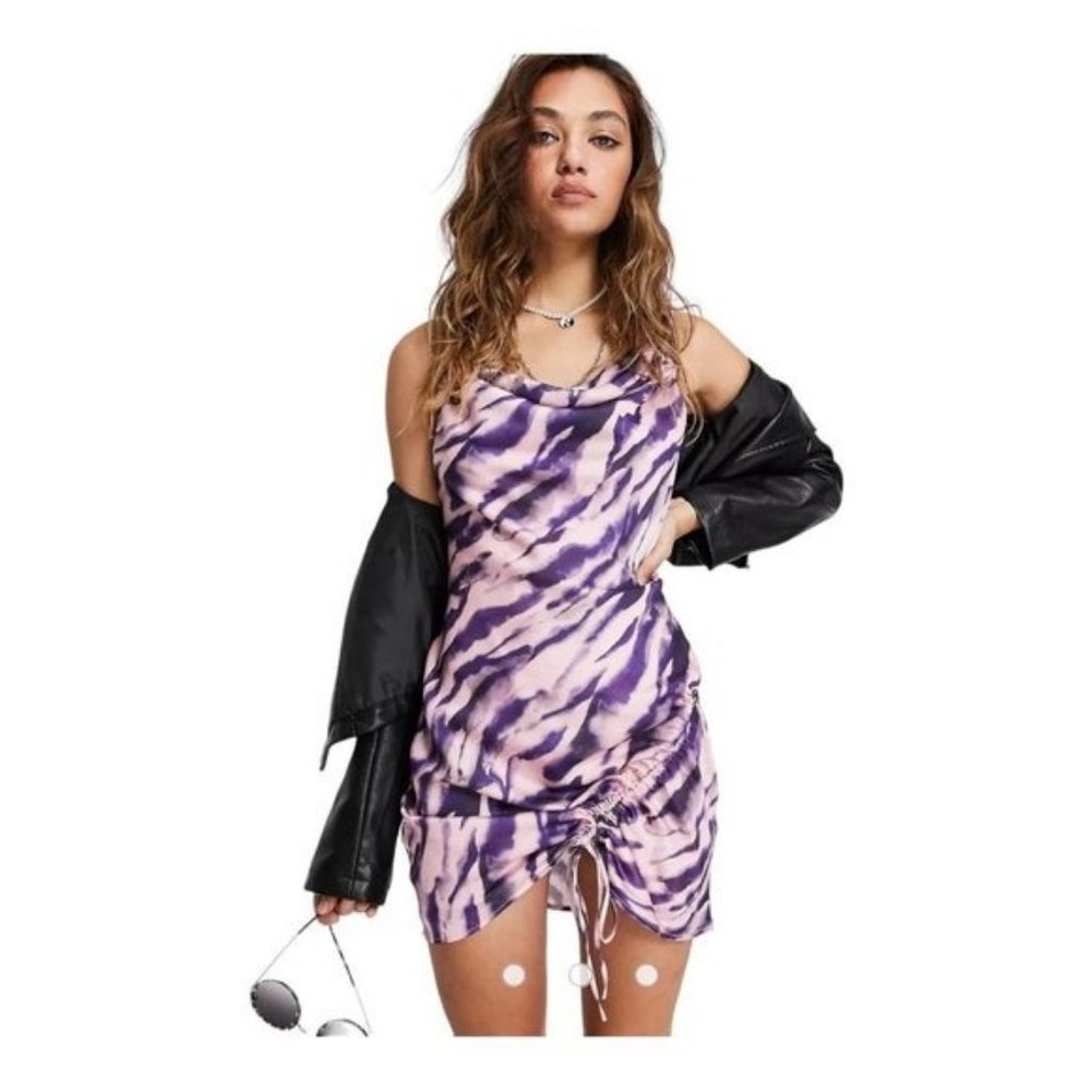 Topshop NWT Woven Animal Ruched Mini Slip Dress Size 12 in Lilac